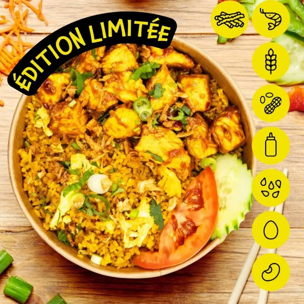 Bangcook Satay Poulet - riz thaï parfumé, poulet sauce Satay-coco, cacahuètes et coriandre, fast food thaïlandais.