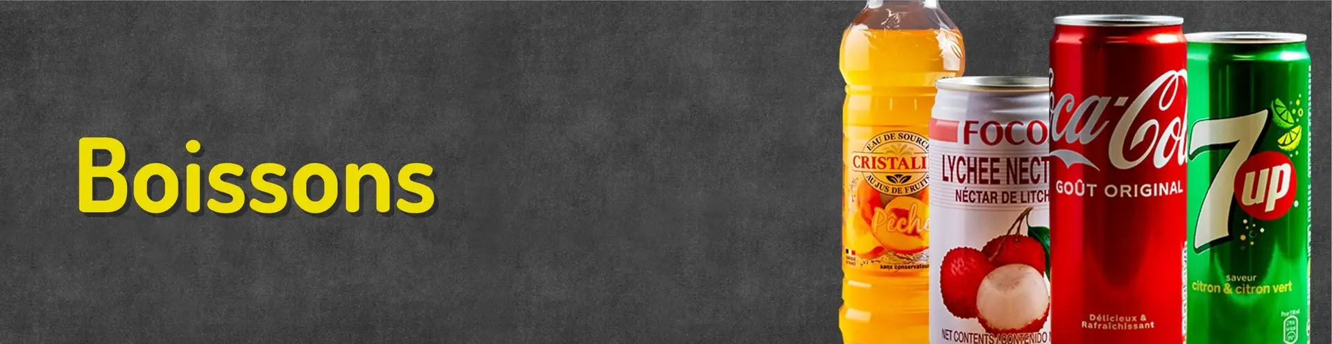 Boissons : Coca, nectar de litchi, jus de pêche, soda au citron...