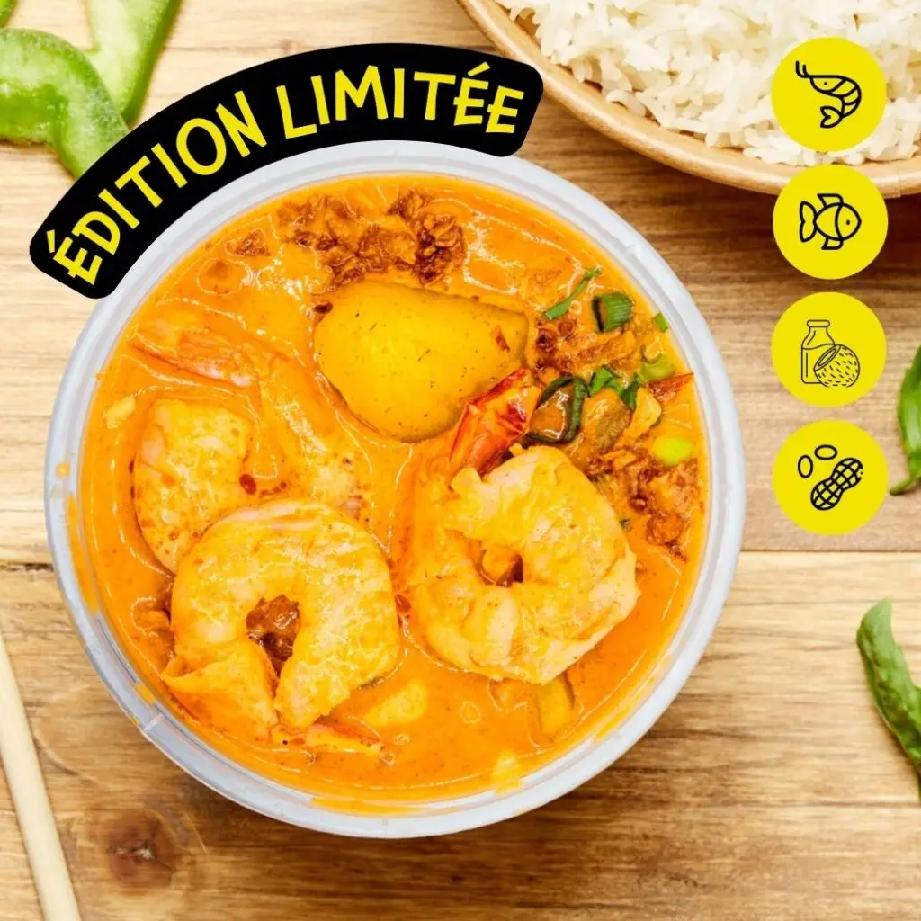 Bangcook Massaman Crevettes - un curry thaïlandais au lait de coco, crevettes fondantes et riz parfumé, street food gourmande.