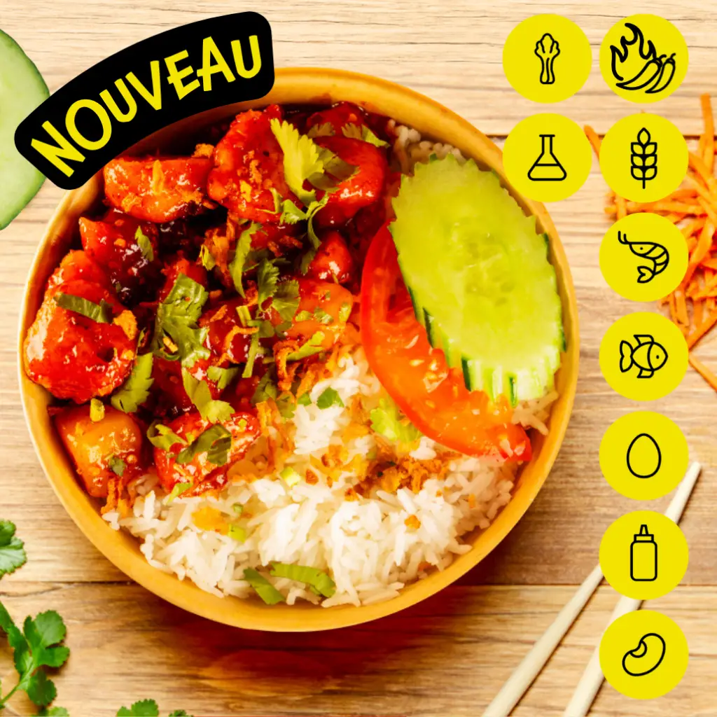 Bangcook – Spicy Poulet, bouchées panées, sauce piquante thaï, riz blanc, légumes croquants et coriandre fraîche