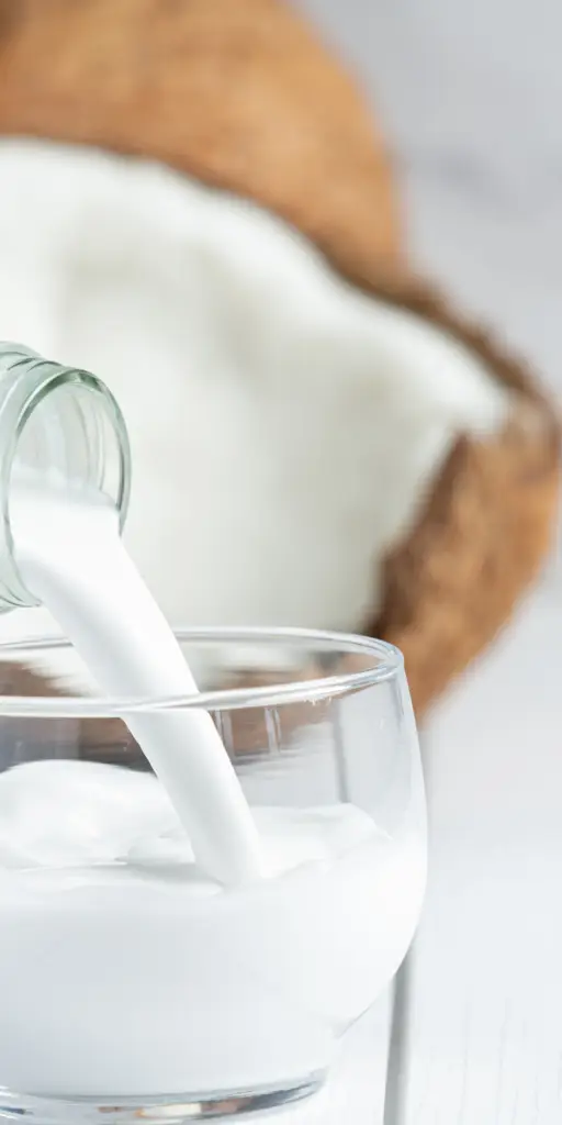Demi-noix de coco floue en arrière-plan et lait de coco crémeux dans un bol en bois, posés sur une surface blanche veinée de bois clair. Scène fraîche et apaisante avec lumière naturelle.