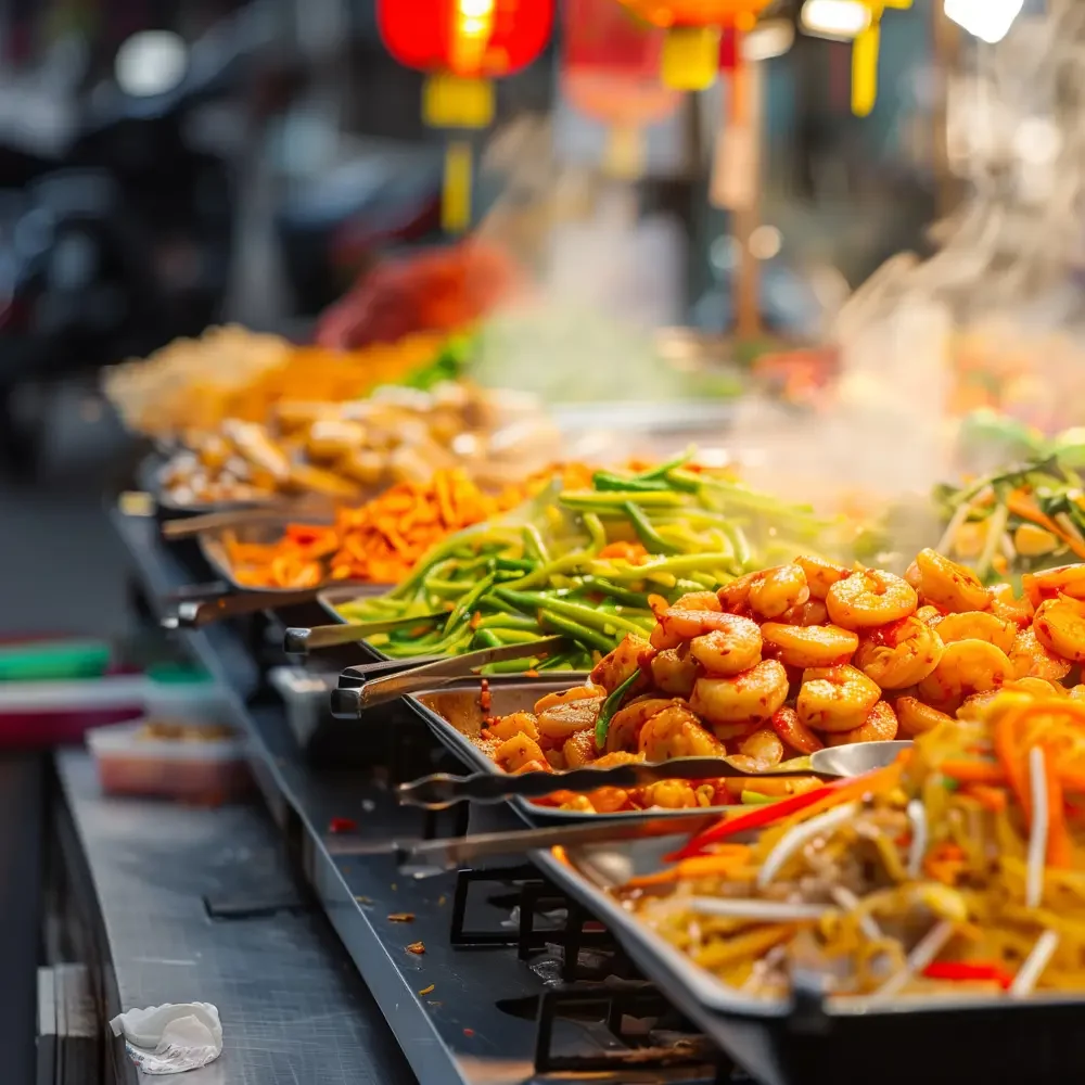 Scène typique de la street food en Thaïlande avec éclairage de nuit et plats fumants